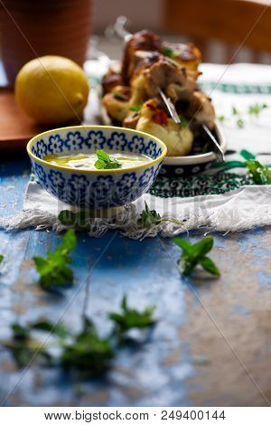 Chicken Haloumi Skewers.food Gathering.style Rustic. Selective Focus