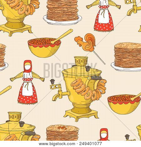 Hand Drawn Shrovetide Or Maslenitsa Seamless Pattern With Samovar, Pancakes, Caviar On Light Backgro