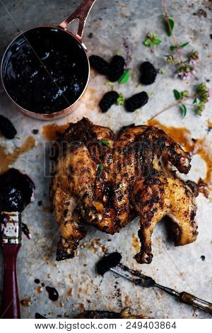 Chicken A Grill With Chimichury Sauce..style Rustic.selective Focus