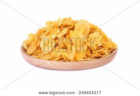 Cereal Corn Flakes In Wooden Dish Isolated On White Background