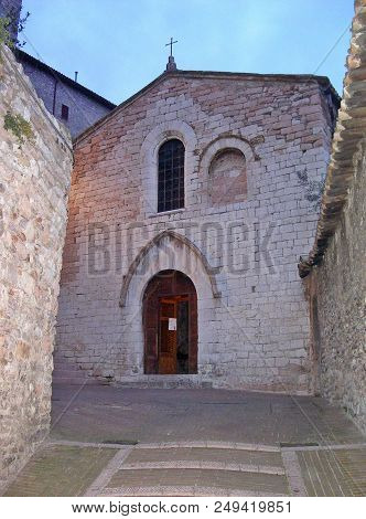 Front View Of The Church Of Santo Stefano, A Medieval Church In Assisi, Italy.