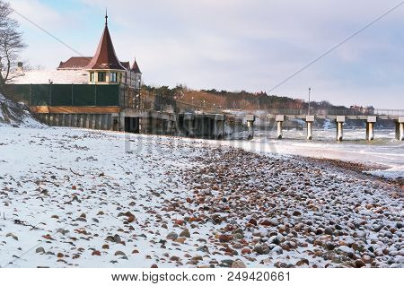 Pansion on the Baltic sea. Baltic Sea, Kaliningrad region, Russia, Pionerskii, February 25, 2018.