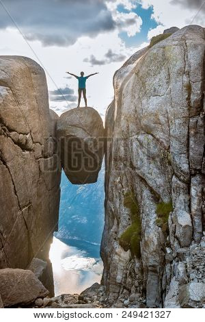 Woman On Kjeragbolten Travel In Norway Kjerag Mountains, Extreme Vacations, Adventure, Tourist, Happ
