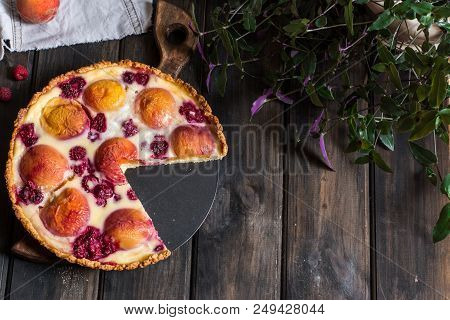 Rustic Open Pie With Peach And Raspberry, French Galette . Peach Tart. Raspberry Tart. Tartalette Wi