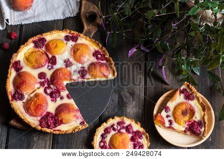 Rustic Open Pie With Peach And Raspberry, French Galette . Peach Tart. Raspberry Tart. Tartalette Wi