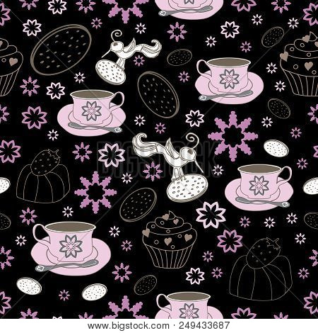 Flowers Cups And Bird, Garden Tea Party, Seamless Repeat Pattern. Vector Pattern Background. Surface