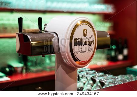 Koblenz Germany 07.12.2017 Close Up Bitburger Draft Beer Dispensing Tower Of A Bar Restaurant