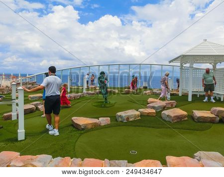 Cape Canaveral, Usa - April 30, 2018: The Upper Deck With Mini Golf Court At Cruise Liner Or Ship Oa