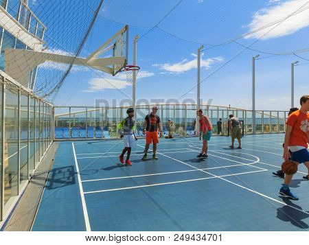 Cape Canaveral, Usa - April 29, 2018: The People Playing At Upper Deck With Mini Basketball Court At