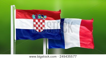 Moscow, Russia, 14 July 2018: Croatia - France, FINAL of soccer World Cup, Russia 2018 National Flags