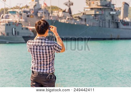 Navy Harbor And Warship Or Battleship At Navy Port