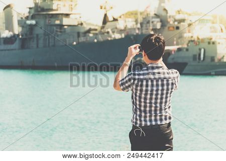 Navy Harbor And Warship Or Battleship At Navy Port
