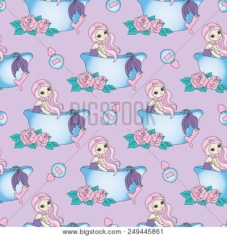 Sea Travel Seamless Pattern Color Vector Illustration Beauty Mermaid Paper For Birthday And Party, W