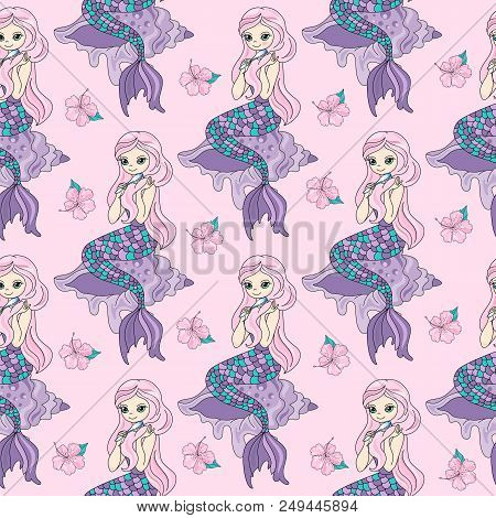 Sea Travel Seamless Pattern Color Vector Illustration Mermaid Paper For Birthday And Party, Wall Dec