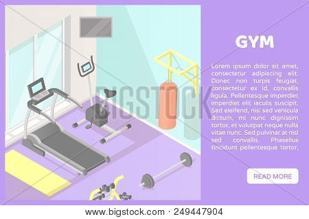 Vector Isometric Low Poly Cutaway Interior Illustartion. Home Fitness Or Gym Room With Treadmill, Ex