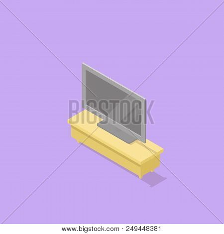 Low Poly Isometric Tv Stand With Tv. Realistic Icon. Isolated Illustration Of Living Room Furniture