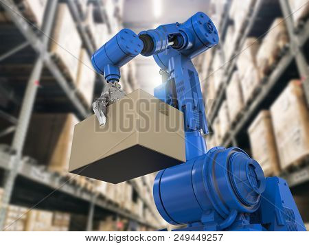 3d Rendering Humanoid Robots Carry Cardboard Boxe In Warehouse