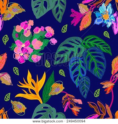 Trendy Vector Pattern With Palm Leaves And Exotic Plants On Dark Blue Background. Trendy Design For 