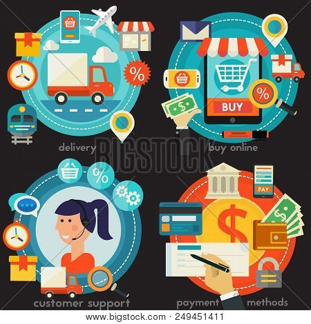 Online Shopping, Customer And Technical Support And Call Senter Concept Banners. Flat Style Vector I