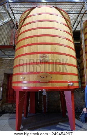 Elciego, Alava , Spain. April 23, 2018: Large Wooden Tub Where The Grapes Are Thrown So That They Be