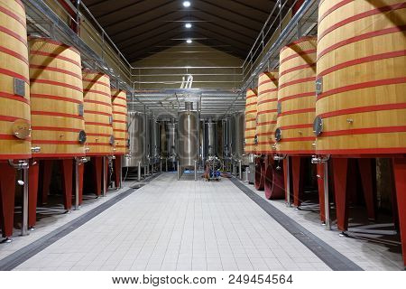 Elciego, Alava , Spain. April 23, 2018: Interior Of A Wine Cellar Of The Rioja Called Marques De Ris
