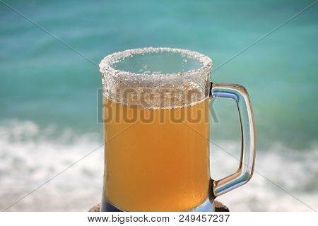 A Mexican Beer Mug Against The Blue Mediterranean Sea In Batroun, Lebanon.