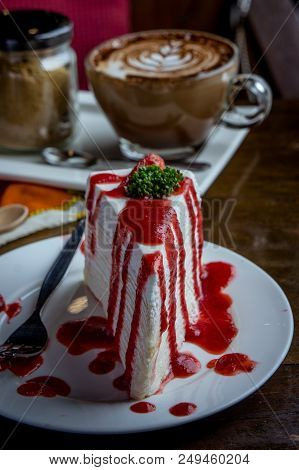 Strawberry Crape Cake On Wood Table In Coffee Shop , Dessert Tasy Cake