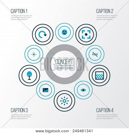 Photo Icons Colored Set With Image, Gradient, High Dynamic Range And Other Sparkle Elements. Isolate
