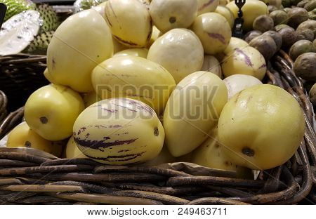 Pepino, Pepino Melon, Solanum Muricatum, Pepino Dulce
Yellow Fruits With Purple Streaks.