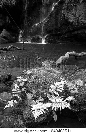 Stunning Black And White Waterfall Landscape At Roughting Linn In Northumberland National Park In En