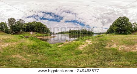 Full Seamless Spherical Panorama 360 By 180 Degrees Angle View On The Shore Of Width River In Summer