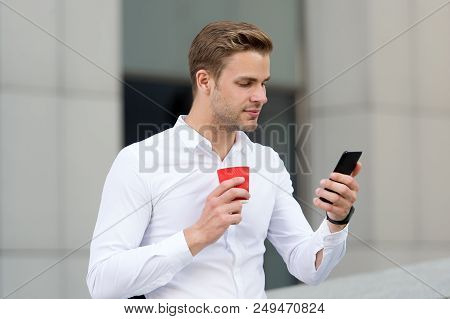 Check Emails. Man Drinks Coffee Checking Emails In Morning Urban Background. Strat Great Day. Busine