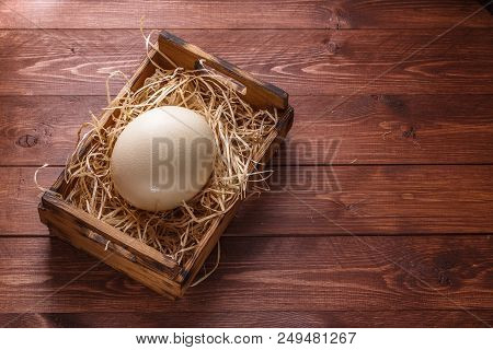 Ostrich Egg On Straw In Wooden Box, Copyspace, Dark Background.