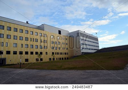 View of architecture of the Ostfold Regional Hospital. June 17,2018. Osfold Region, Norway