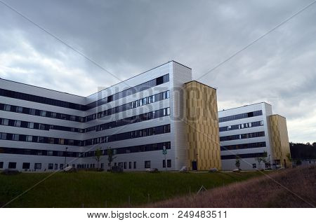 View of architecture of the Ostfold Regional Hospital. June 17,2018. Osfold Region, Norway
