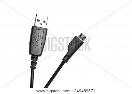 Black Usb To Micro-usb Cable Isolated On White Background. Closeup