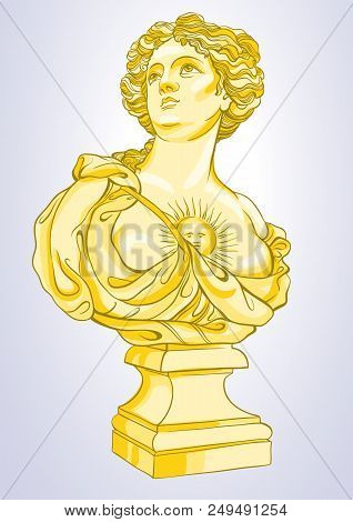 Greek Goddess. Marble Bust Of Pretty Greek Woman In Gold Colors. Vetor Illustration In Line Style Is