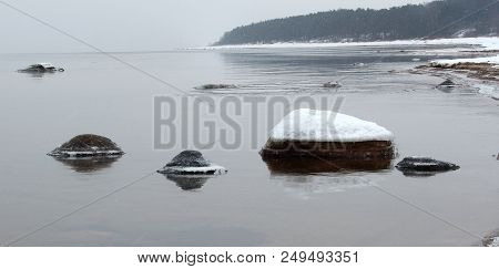 Winter Time Riga Gulf Coast Near Saulkrasti. Latvia. Coast At Low Tide