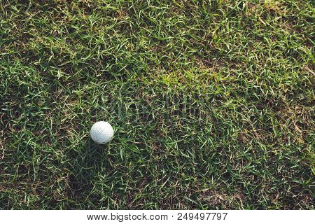 Golf Club And Ball On The Green Course. Close Up. Top View. Sport, Relax, Recreation And Leisure Con