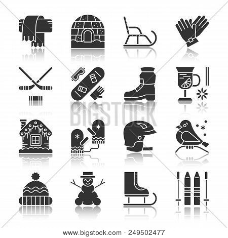 Winter Activity, Sport, Outdoor, Closhes, Fun Black Silhouette With Reflection Icon Set. Monochrome 