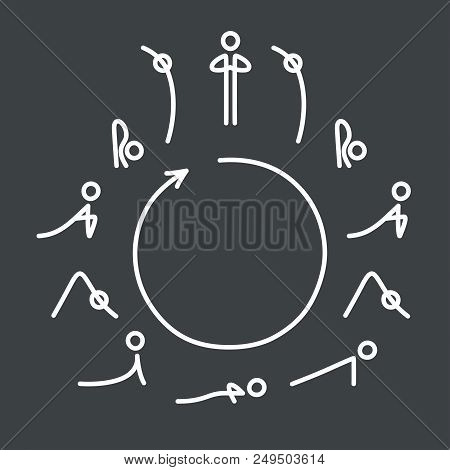 Sun Salutation Yoga Exercise, Surya Namaskara Flow. Circle With Yoga Poses Icons In Very Simple, Min