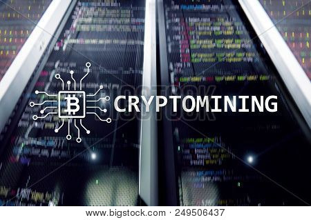 Cryptocurrency Mining Concept On Server Room Background.