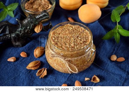 Urbech Of Apricot Kernel In A Glass Jar. National Dagestani Paste Of Nuts