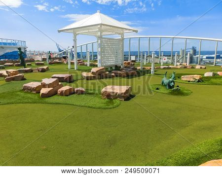 Cape Canaveral, Usa - April 30, 2018: The Upper Deck With Mini Golf Court At Cruise Liner Or Ship Oa