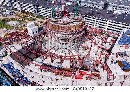 Construction Site With Cranes And Building. Top View