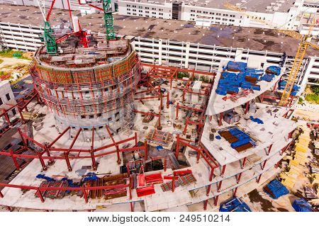 Construction Site With Cranes And Building. Top View