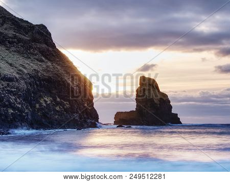 The Rest Of The Day In Rocky Bay. Evening Light On The Rocks, Boulders And Cliff Face Of Talisker Ba