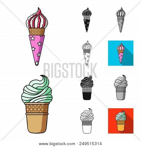 Different Ice Cream Cartoon, Black, Flat, Monochrome, Outline Icons In Set Collection For Design. De