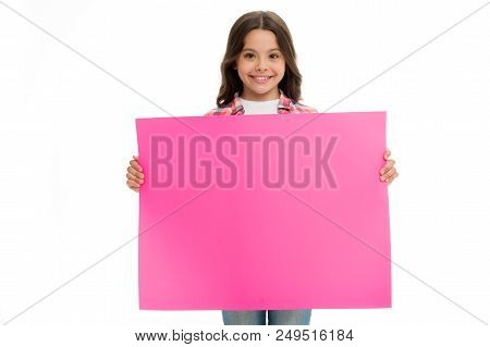 Advertisement. Little Girl Hold Paper For Advertisement. Advertisement Child With Place For Copy Spa