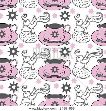 Birds, Birds Tea Cups And Snow-garden Tea Party, Seamless Repeat Pattern. Pattern Background. Surfac